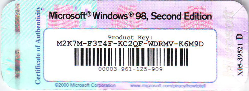 Лицензионная Microsoft Windows 98, Second Edition, серийный номер